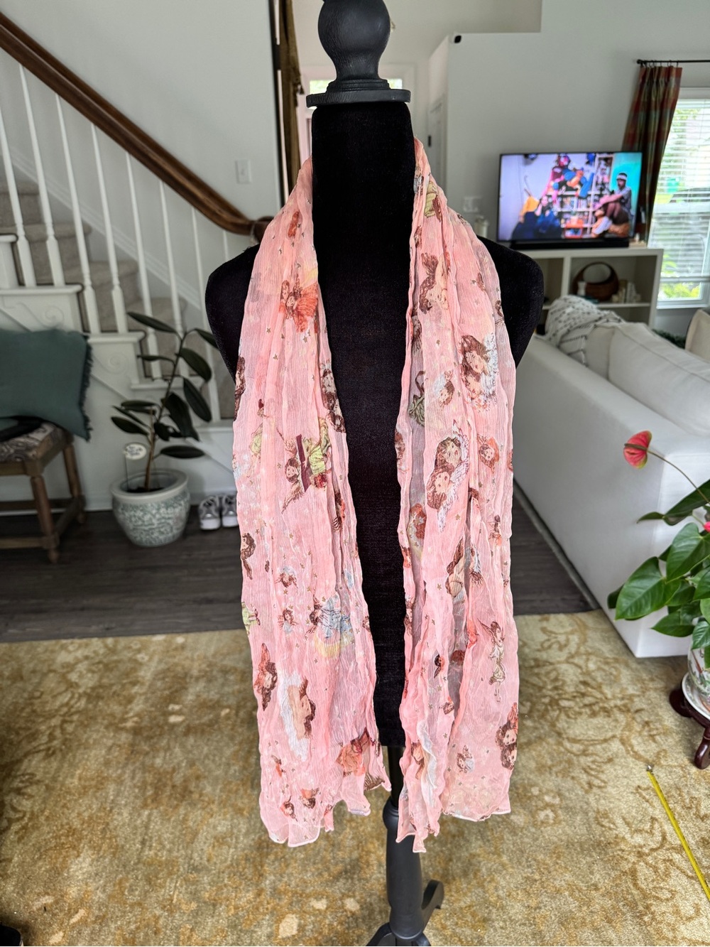 Light Pink Fiorucci-like Cherub Print Sheer Scarf - Women's Accessory